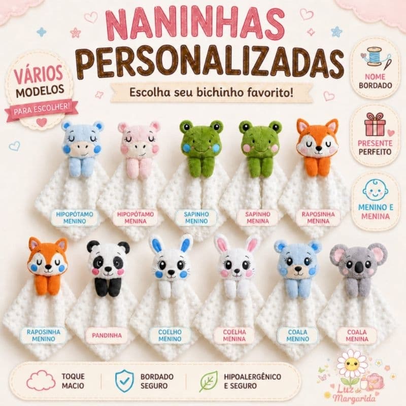 Naninha  PERSONALIZADA para bebê Coleção Doce Encanto Luxo Premium OPÇÃO PARA MENINO E MENINA/Maternidade/Chá de Bebê
