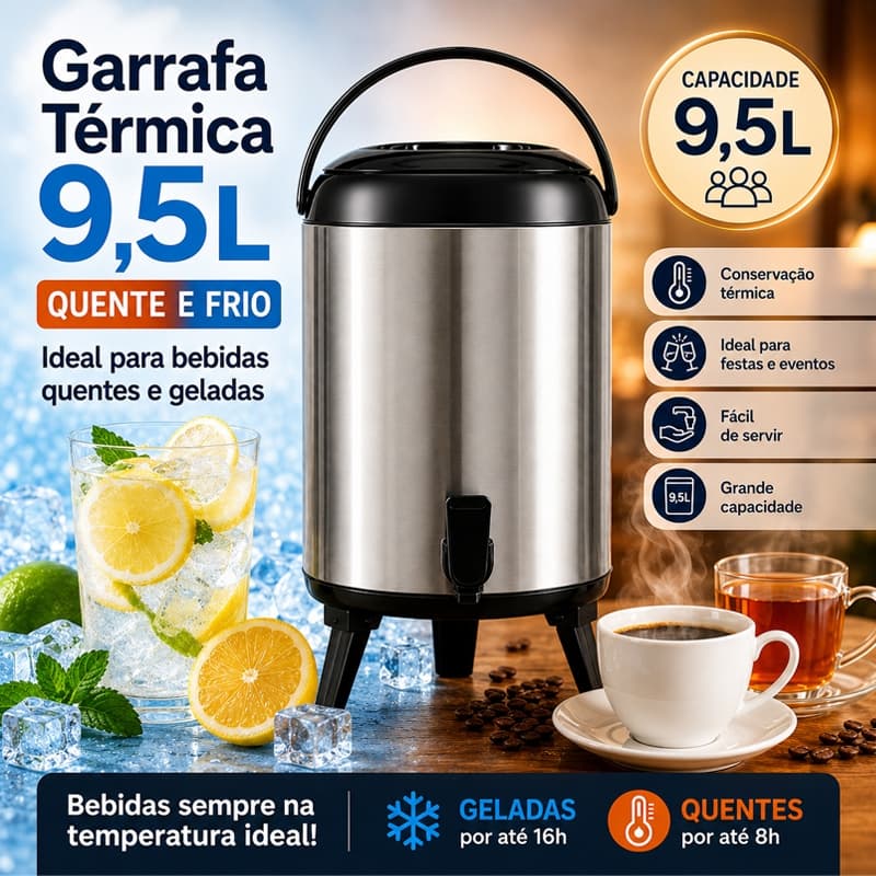 Garrafa Térmica Cooler Isotérmica de Inox Botijão com Pé 9.5L com Alça Transporte Ideal para Café Suco