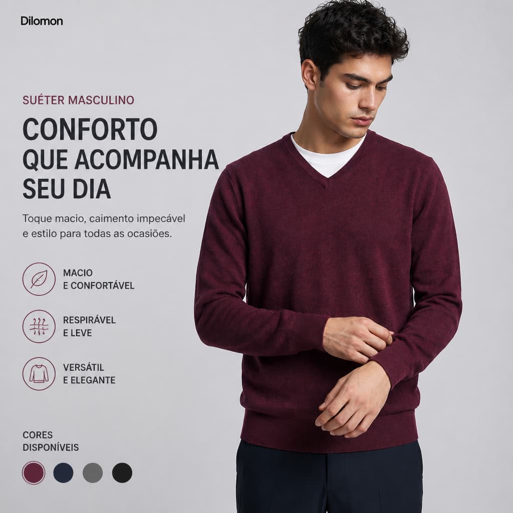 Dilomon Inverno - Suéter Masculino Manga Longa - Malha Lisa Quente - Gola Redonda Básica