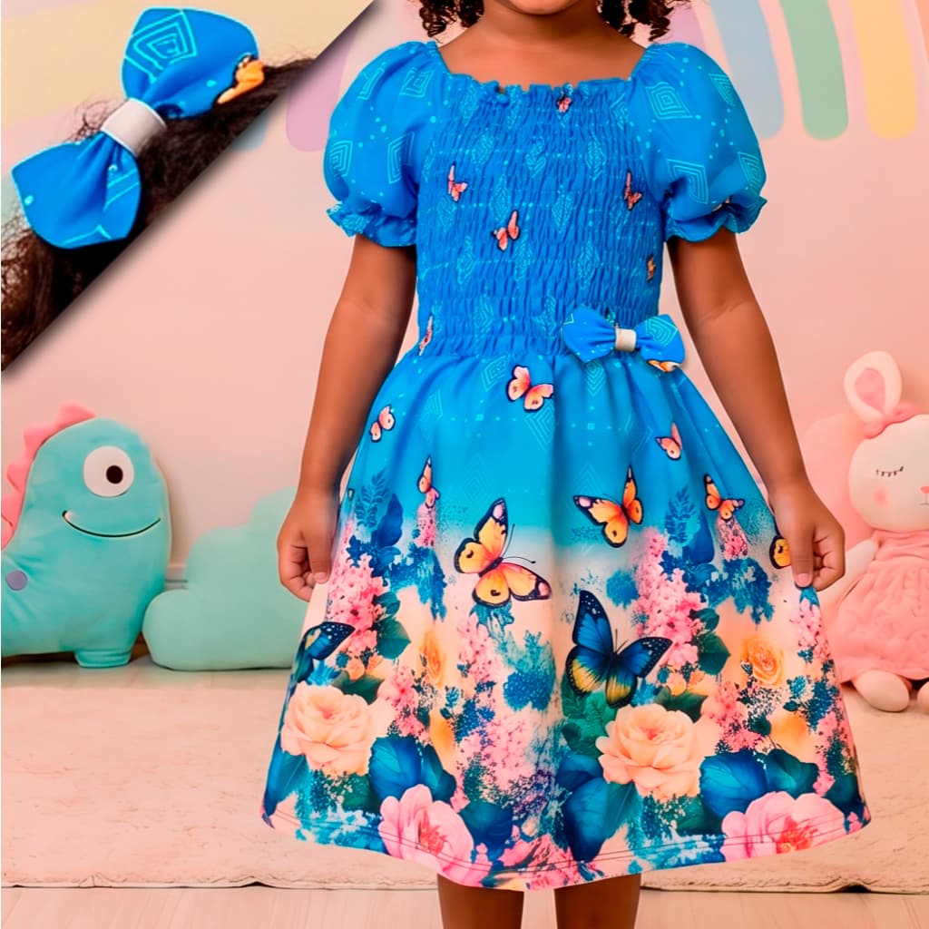 Vestido Criança Com Lacinho Ciganinha Casual Florido Rodado Infantil