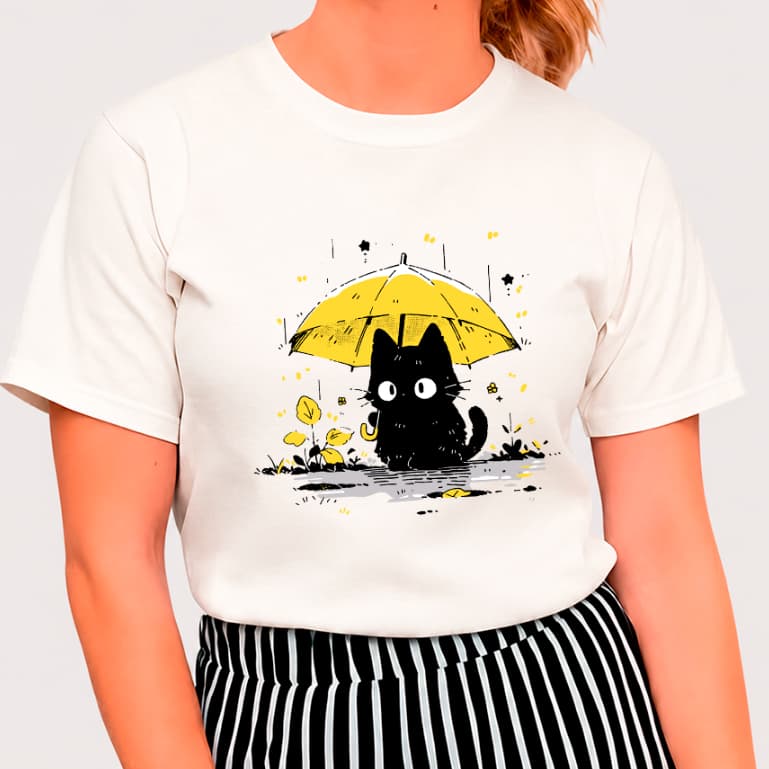 Camiseta Gatinho com Guarda-Chuva Fofo 100% Algodão Desenho Pet Gato