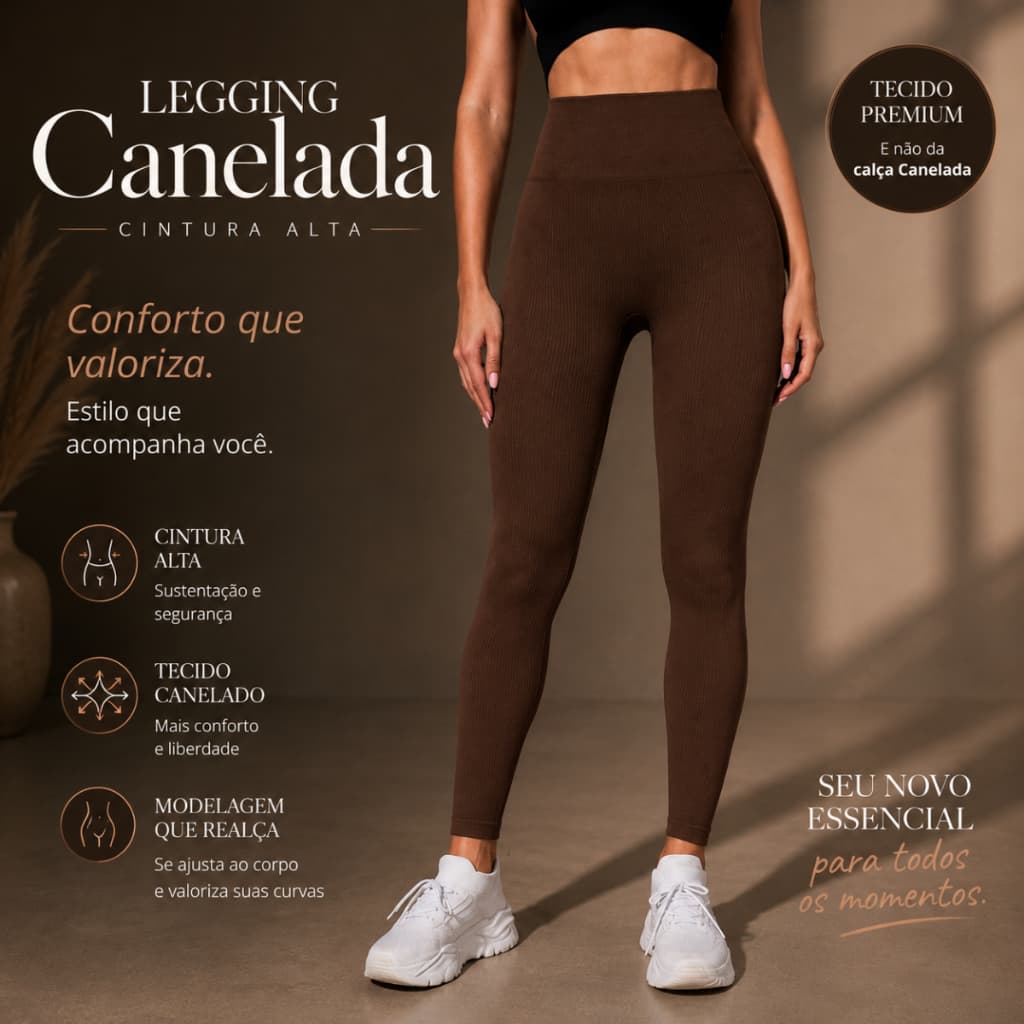 Calça Legging Canelada de Cintura Alta Sem Costura para Academia Feminina, Elástica e Fitness
