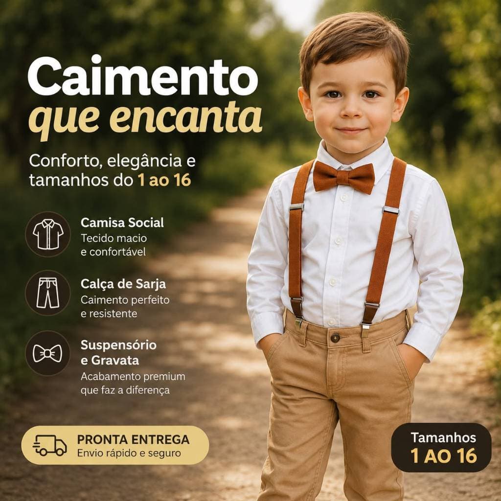 Calça Caqui Camisa Branca Social Longa Gravata Suspensório Infantil Festa Pajem Casamento Batizado Formatura Menino