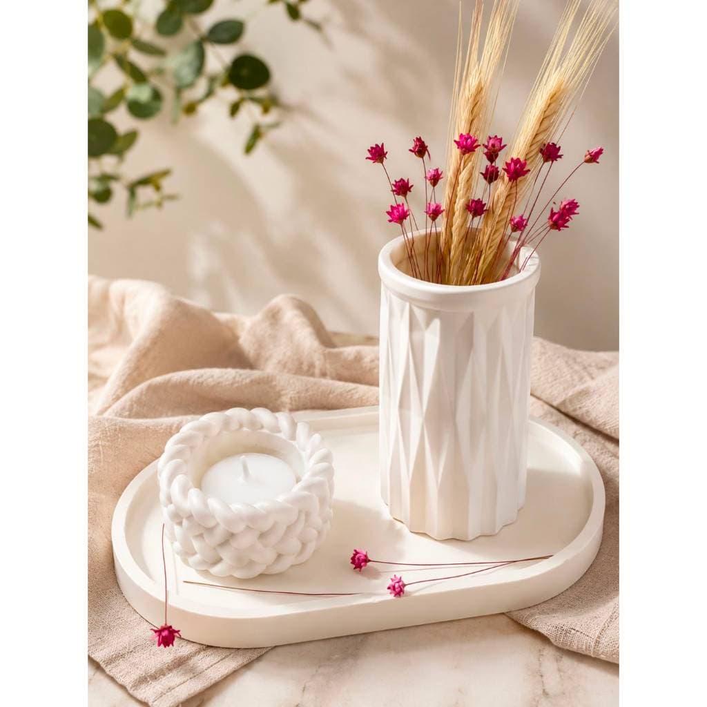 Kit Bandeja Decorativa Minimalista + Vaso Mary + Porta Vela Enlace Elegância Off White