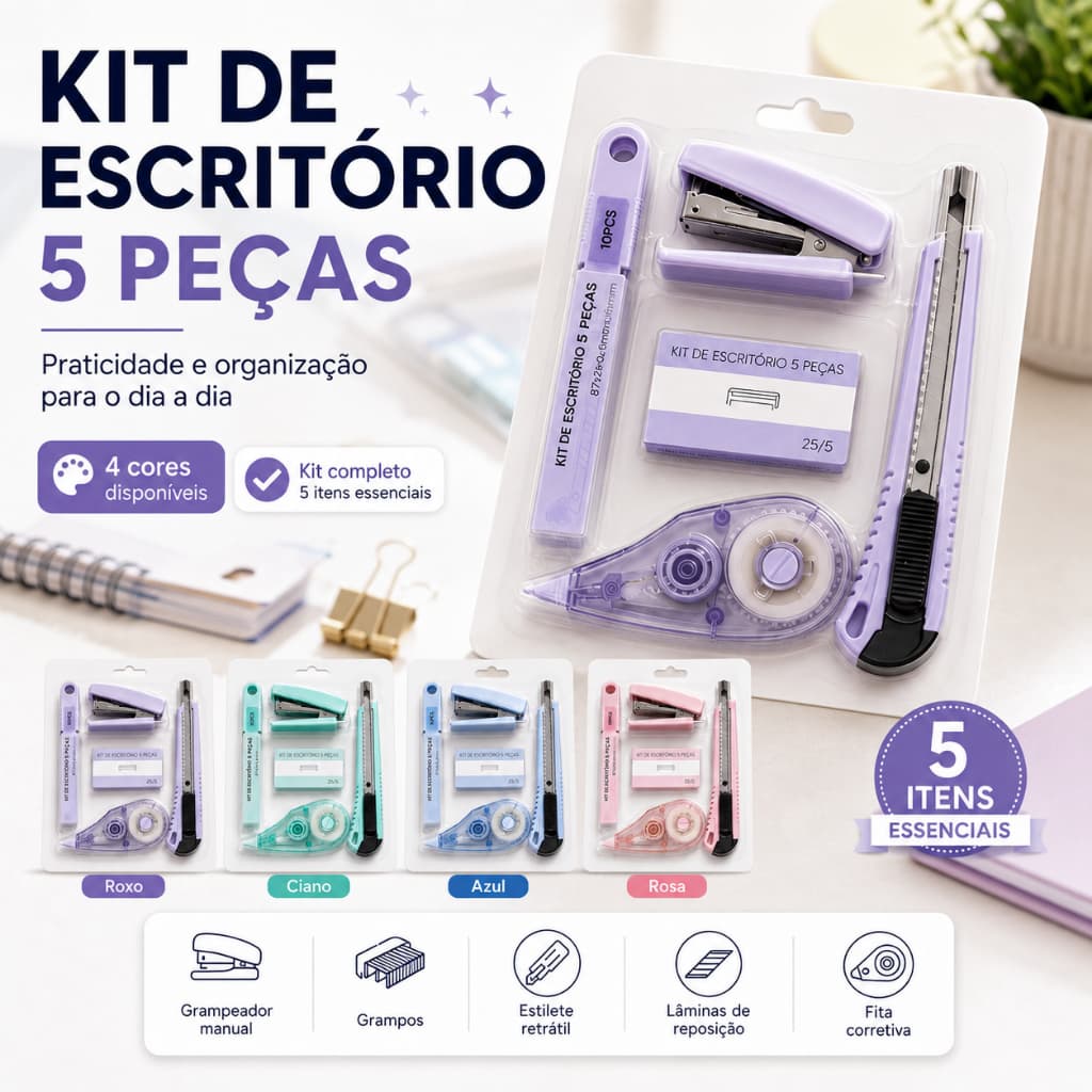 Kit Papelaria 5 Itens para Escola e Escritório | Grampeador, Grampos, Fita Corretiva e Estilete