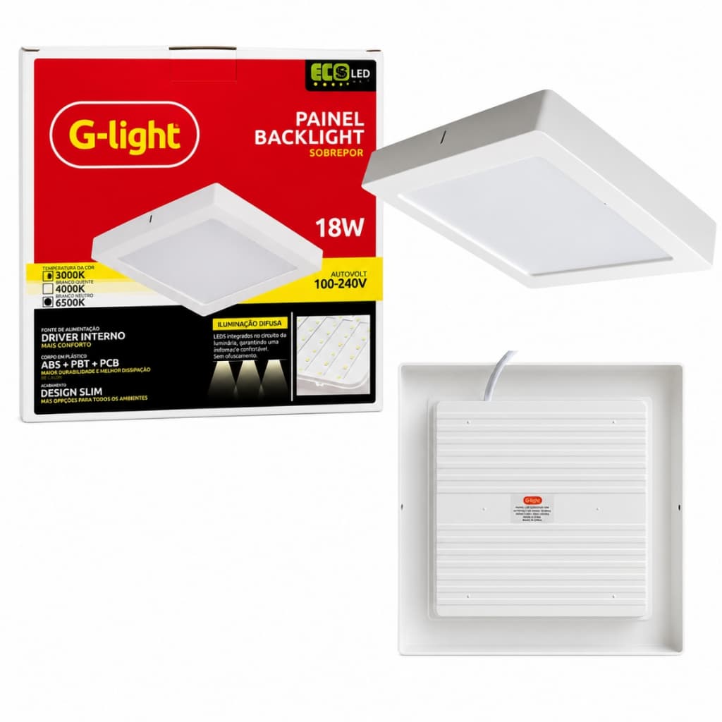 Painel Backlight G-light Ecoled Quadrado Sobrepor 18w 6500k