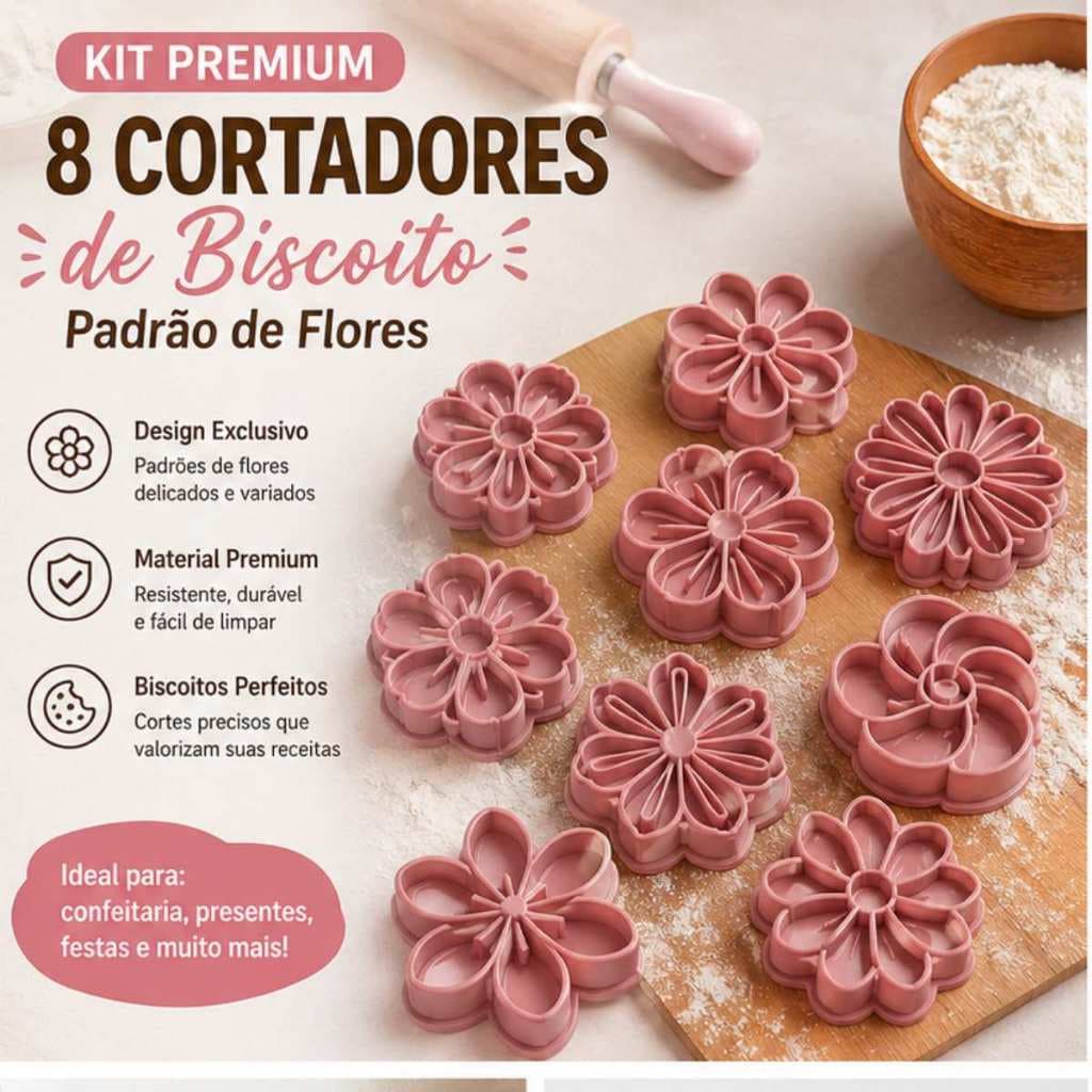 Cortadores de Biscoitos em Forma de Flor Rosa - Design Floral e Material Durável 8 und