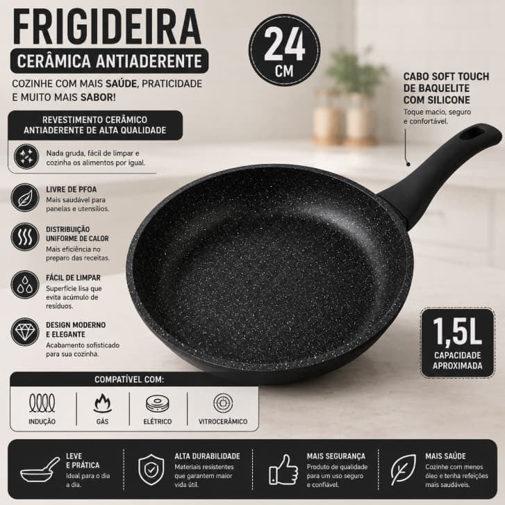 Frigideira Indução Ceramica Modern 24Cm Preta- QUALITY HOUSE