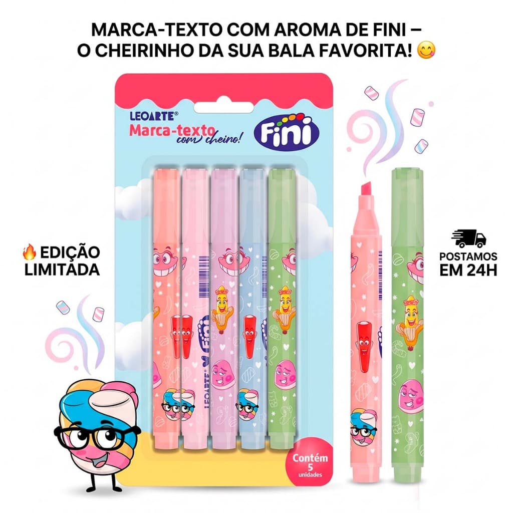 Marca Texto Com Cheiro Aroma Fini Leoarte Blister 5 Cores Caneta Marca-Texto Fofa Escolar Papelaria