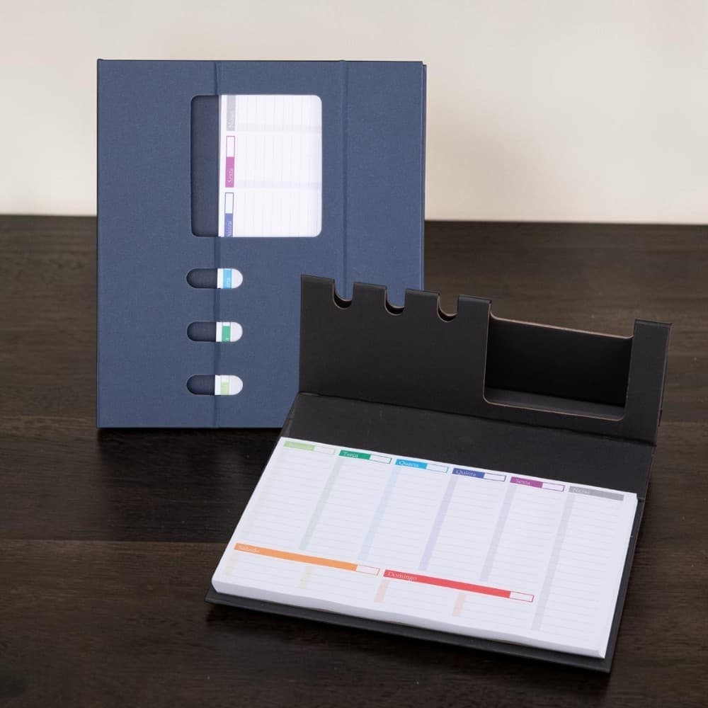 Caderno Planner Semanal 3 em 1 - Bloco de Notas + Suporte para Celular + Porta-Canetas | Fecho Magnético