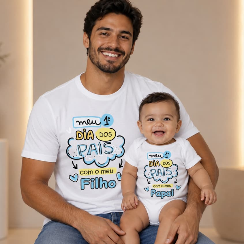 Kit 1 Camiseta e 1 Body Bebe Menino Meu Primeiro dia dos Pais - Pai e Filho Presente Dia dos Pais