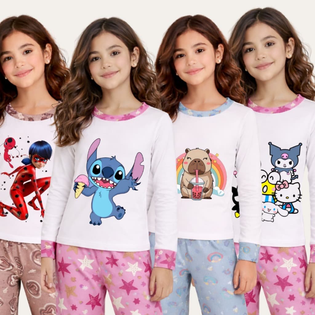 Kit 4 Pijama Infantil Confortável Sortidos Várias Estampas Coloridas Feminino