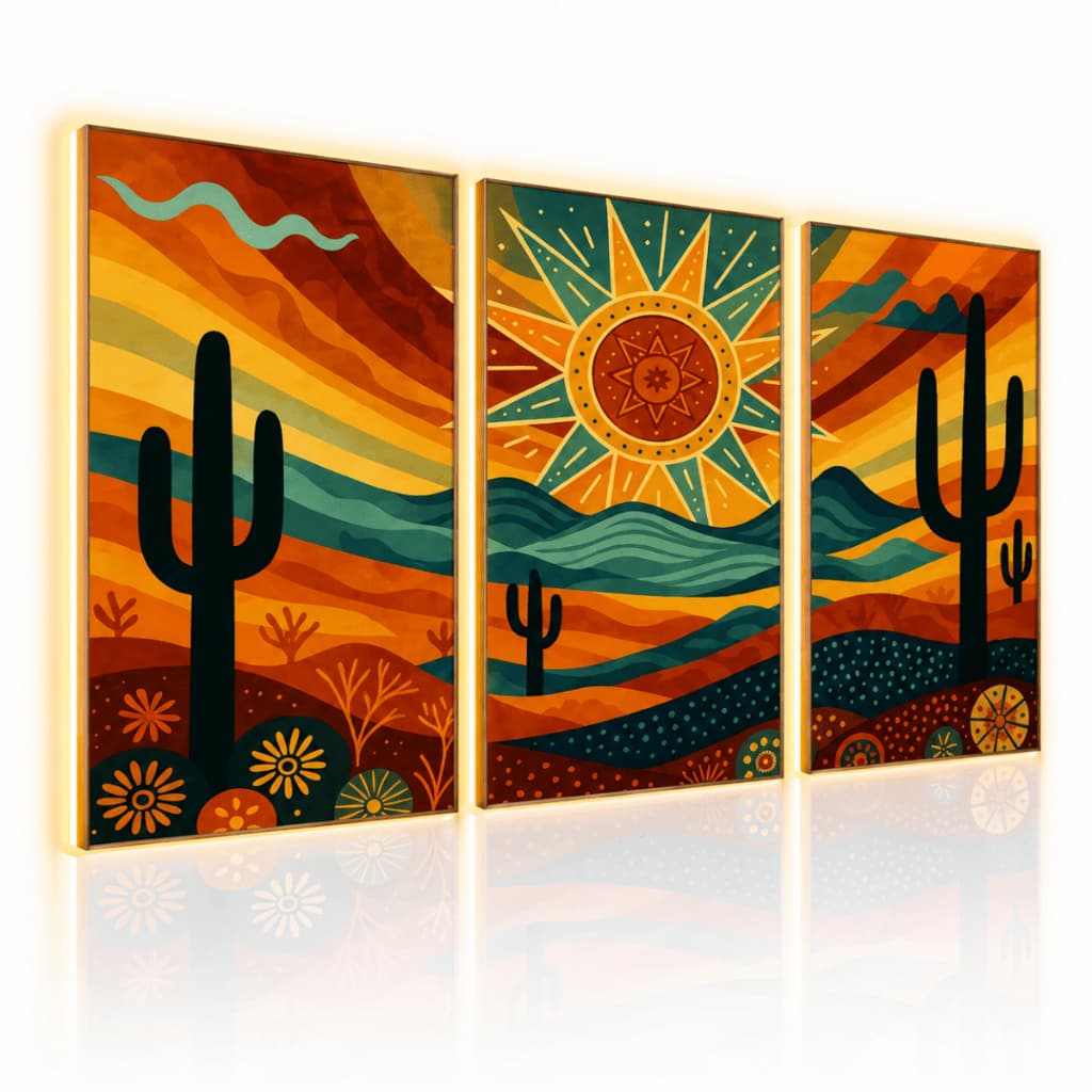 Quadro Decorativo Deserto com Cactos Sol Vintage Retrô Boho Paisagem Kit 3 Peças para Sala