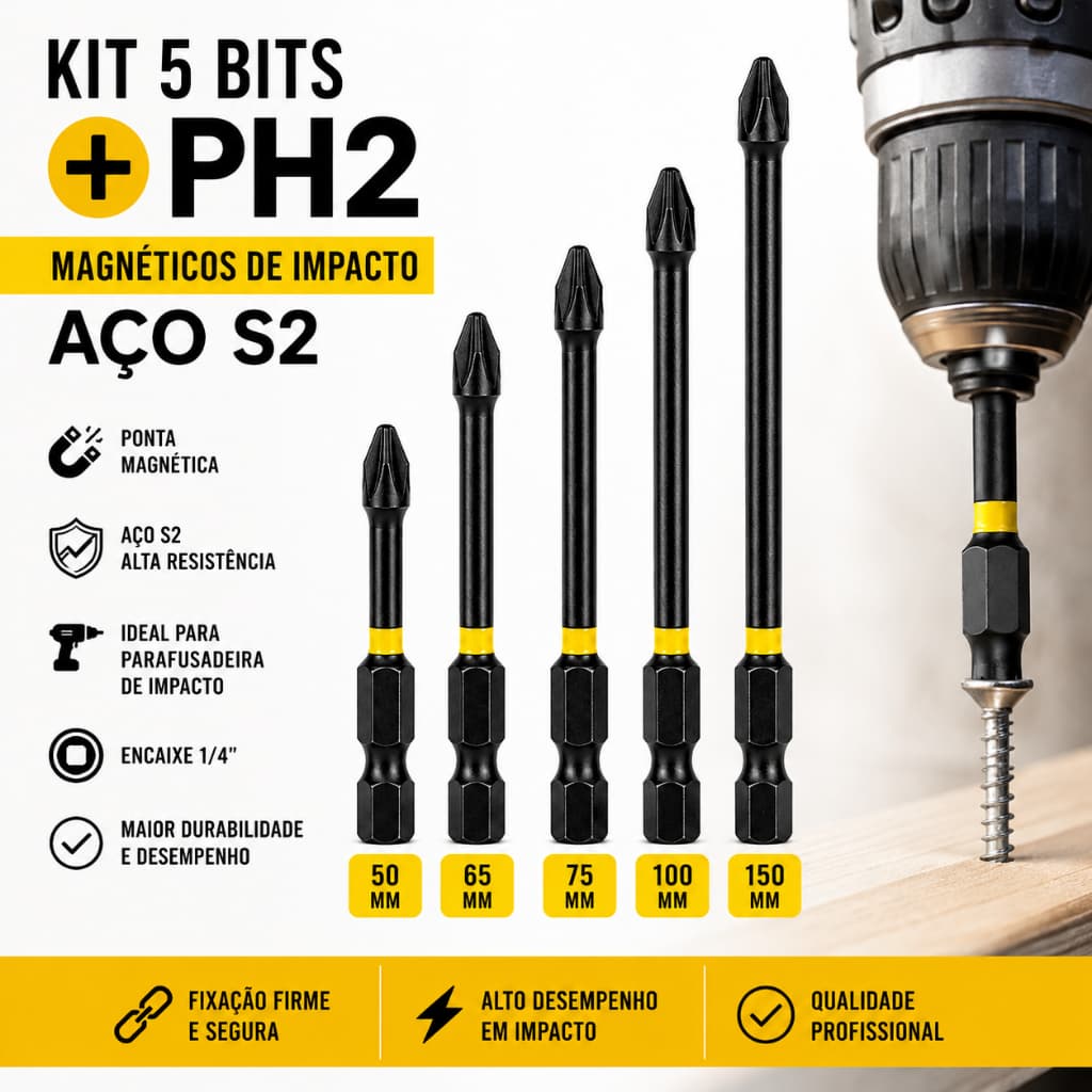Kit 5 Bits Ponteiras PH2 Magnética Aço S2 Reforçado Impacto Parafusadeira Chave Impacto Profissional 50 65 70 90 150mm