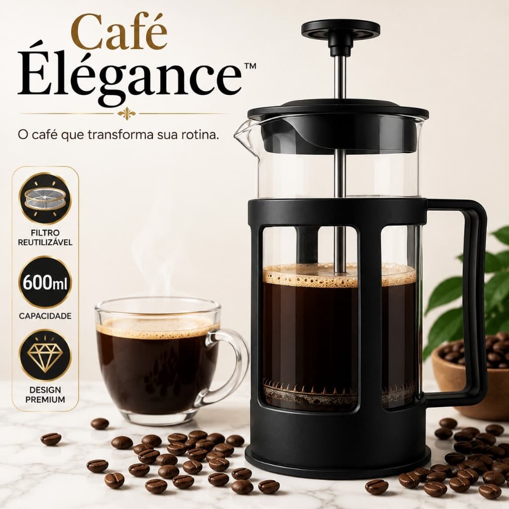 Cafeteira Prensa Francesa 600ml Café Élégance™ Filtro Inox Reutilizável Preta Vidro Resistente