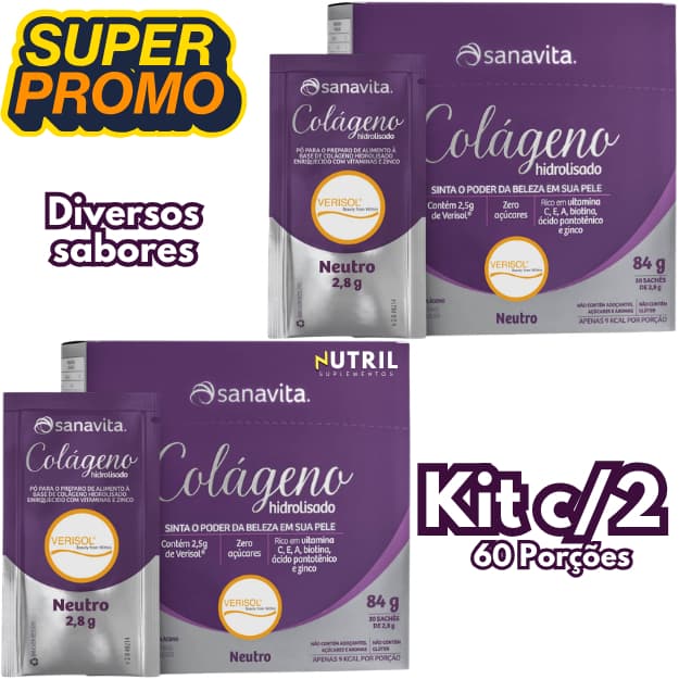 Kit 2x Colágeno Verisol Sanavita - 60 sachês - Diversos Sabores - Ideal para Unhas e Cabelos