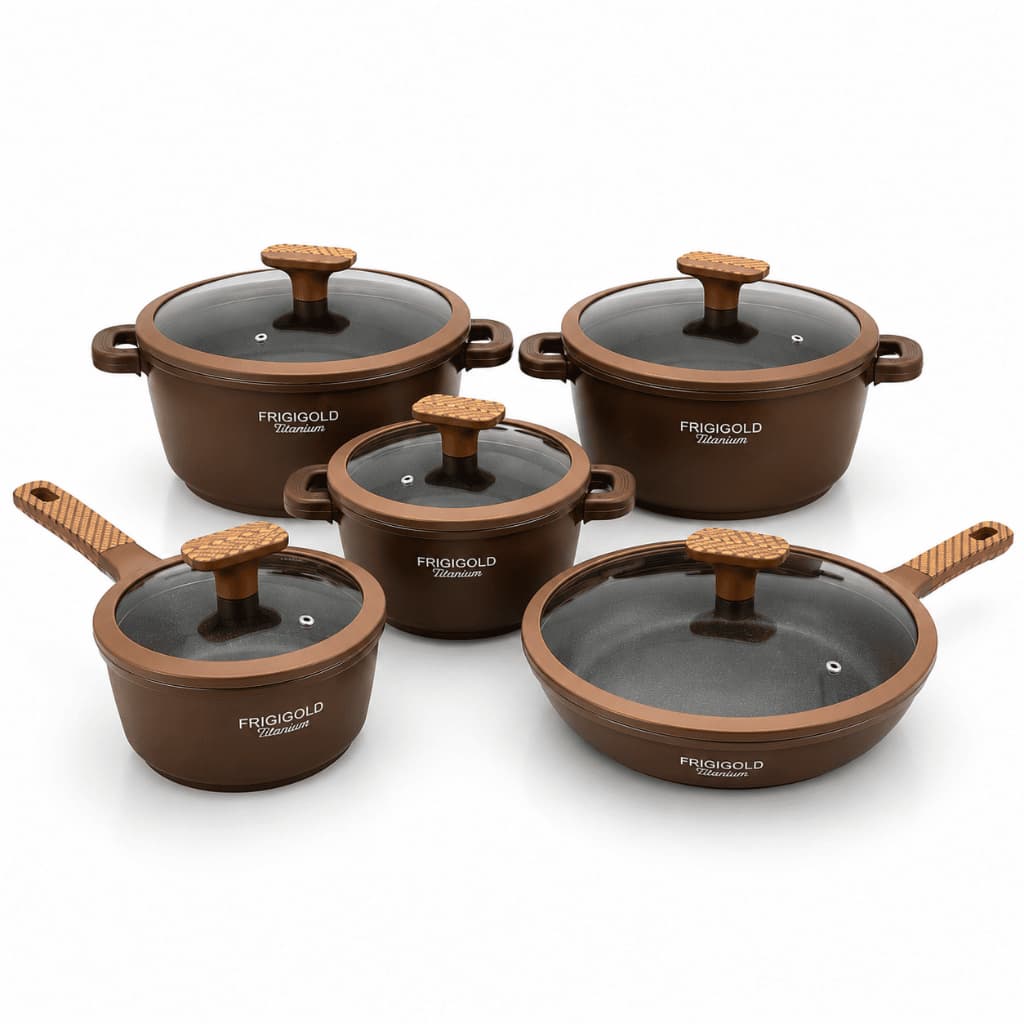 Conjunto Panelas Frigigold Marrom 5 Peças Antiaderente Cerâmica Tampas de Vidro Borda Silicone