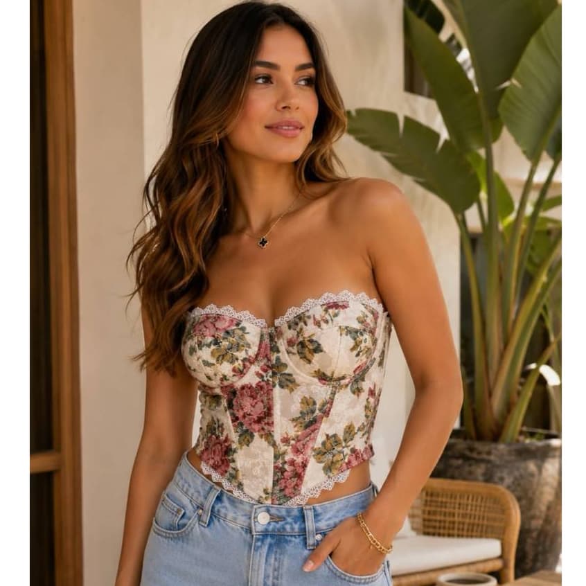 Cropped Corselet Renda Feminino Floral Elegante Sem Alça Luxo Premium Moda Verão