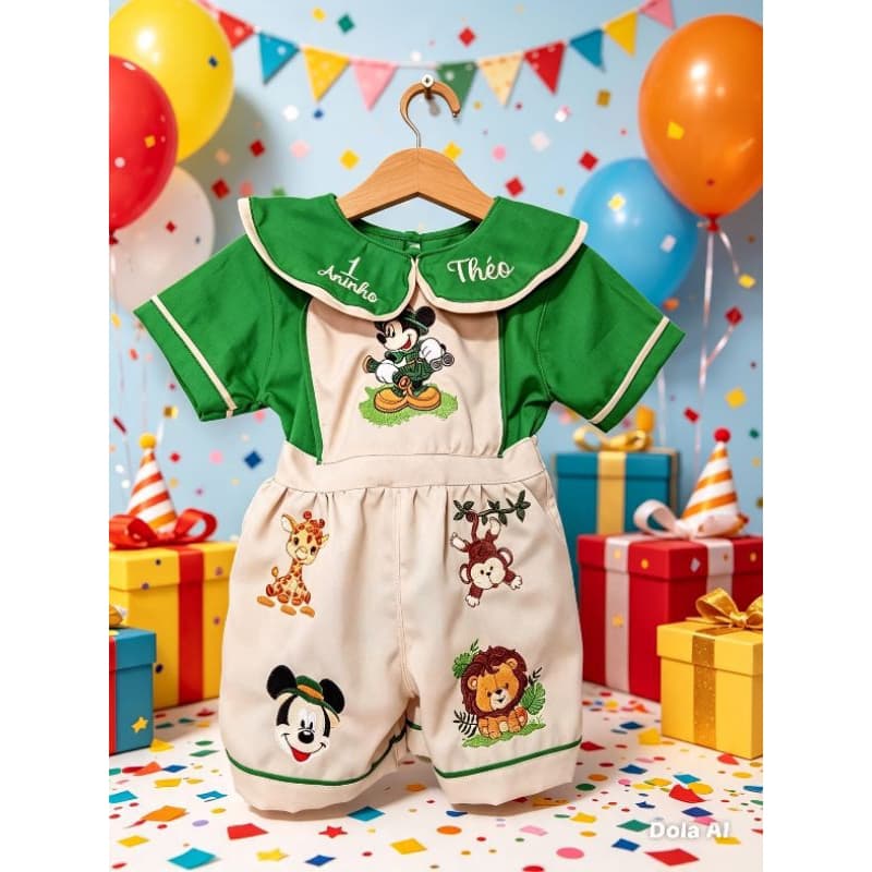 jardineira safari do Mickey,roupa de safari para criança,romper safari Mickey,romper do Mickey