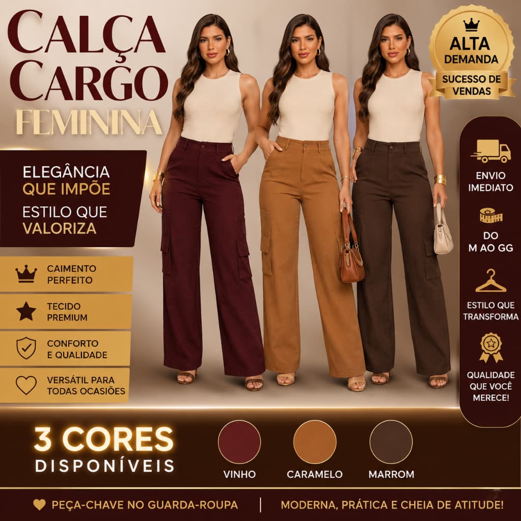 Calça Cargo Feminina Cintura Alta Pantalona Confortável Casual Elegante M ao GG