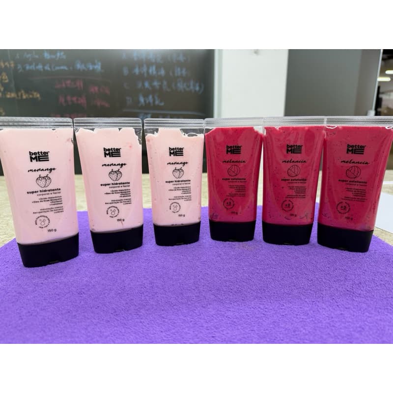 Kit 6 Better Me 3 Hidratantes Morango + 3 Esfoliantes Melancia Corporal e Facial 150g Mini Atacado