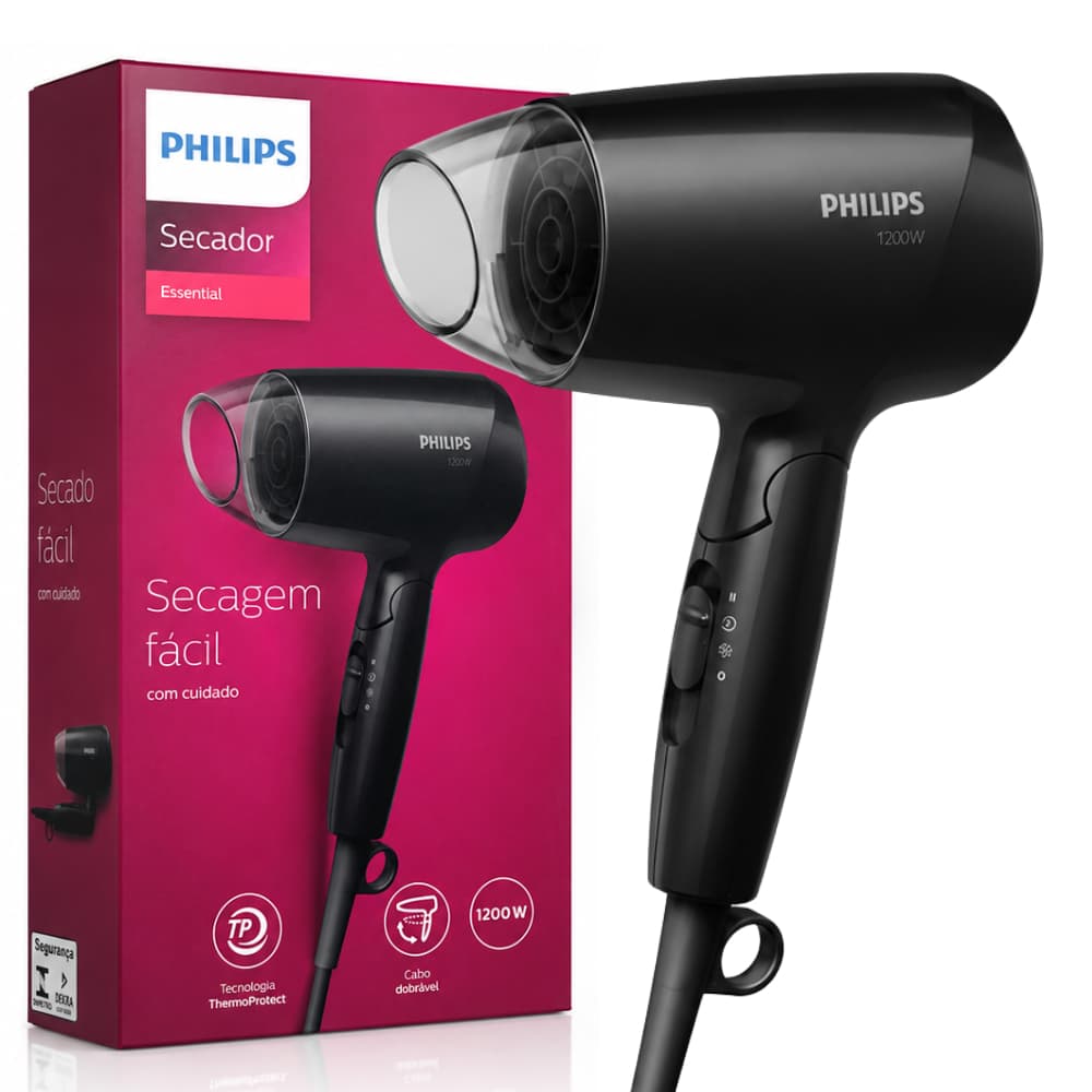 Secador de Cabelo Philips Essential BHC010 1200W ThermoProtect Cabo Dobrável 127V Preto