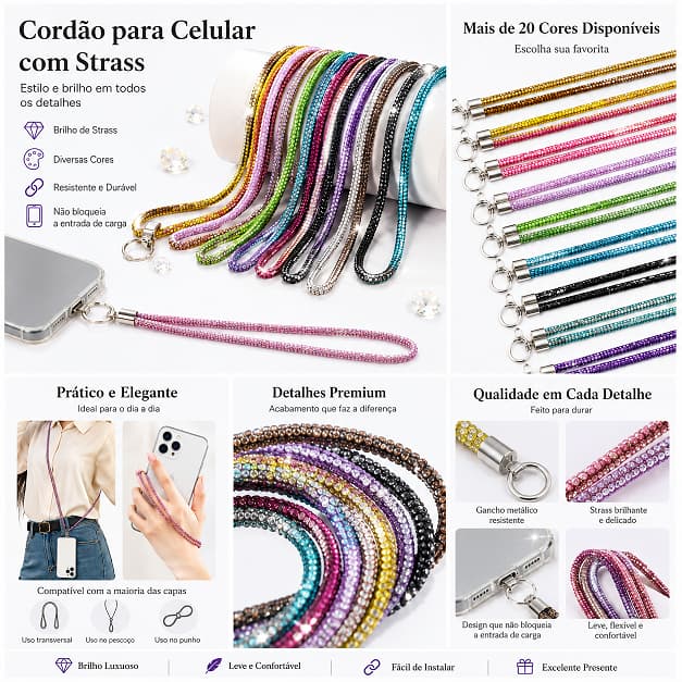 Salva Celular Cordão Proteção 1,2M para Celular com Brilho Resistente Contra Roubo