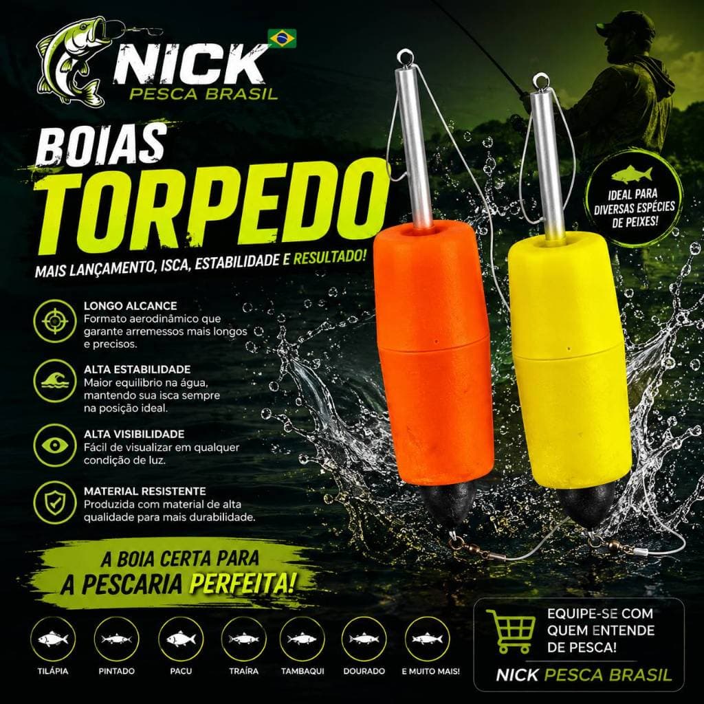 KIT 2 BOIAS MODELO TORPEDO PARA PESCA DO N° 1 AO 5° PARA PESCA DE PEIXES PEQUENOS MEDIOS E GRANDES