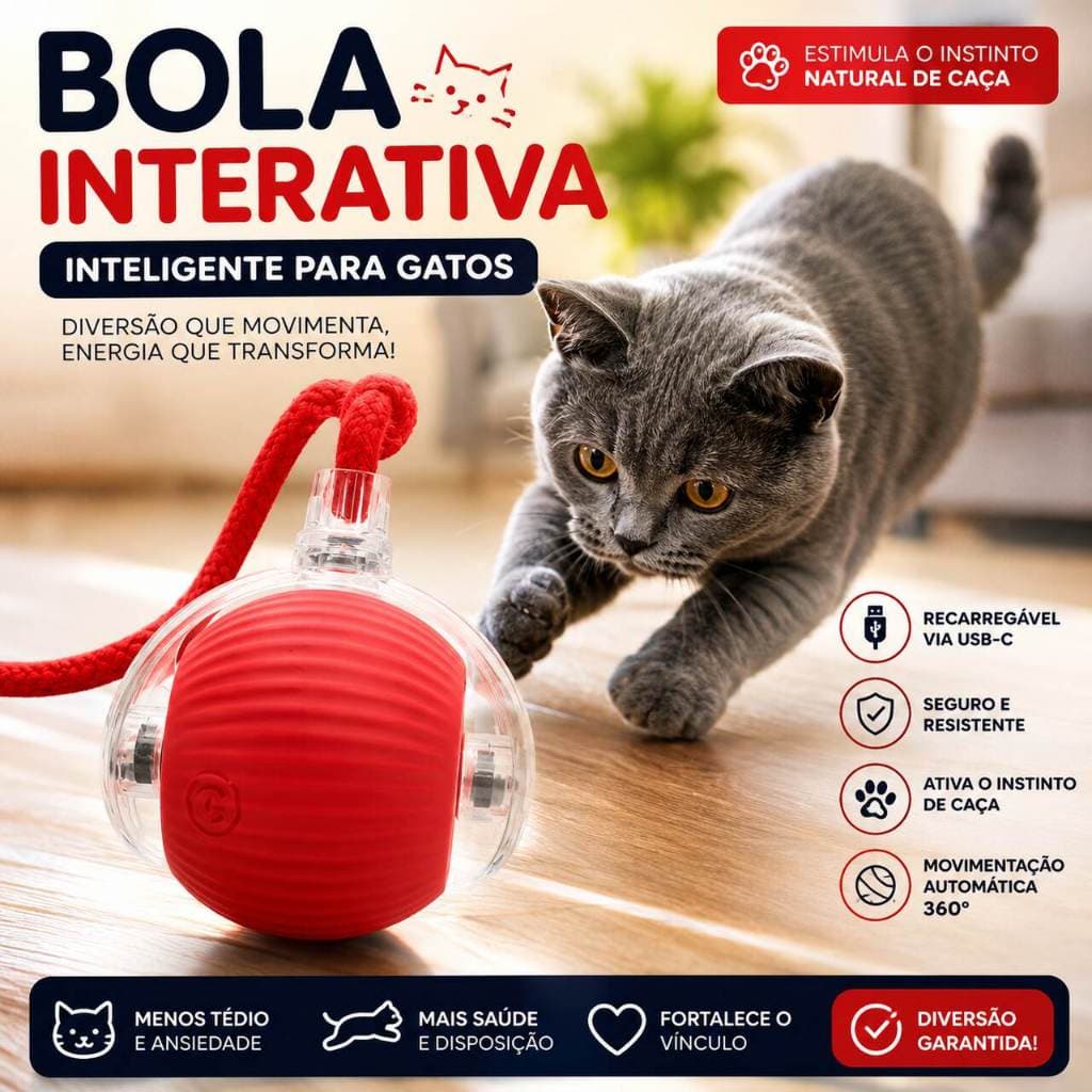 Bola Interativa Inteligente para Gatos e Caes Recarregável USB-C Movimento Automático 360° Brinquedo Eletrônico Pet