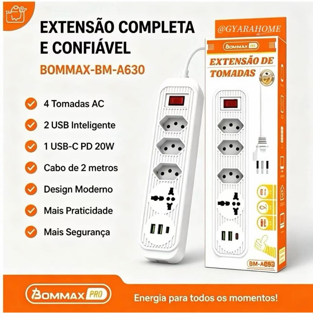 Extensão Elétrica 4 Tomadas 2 USB + 1 USB-C PD Cabo 2 Metros Com Interruptor Bivolt