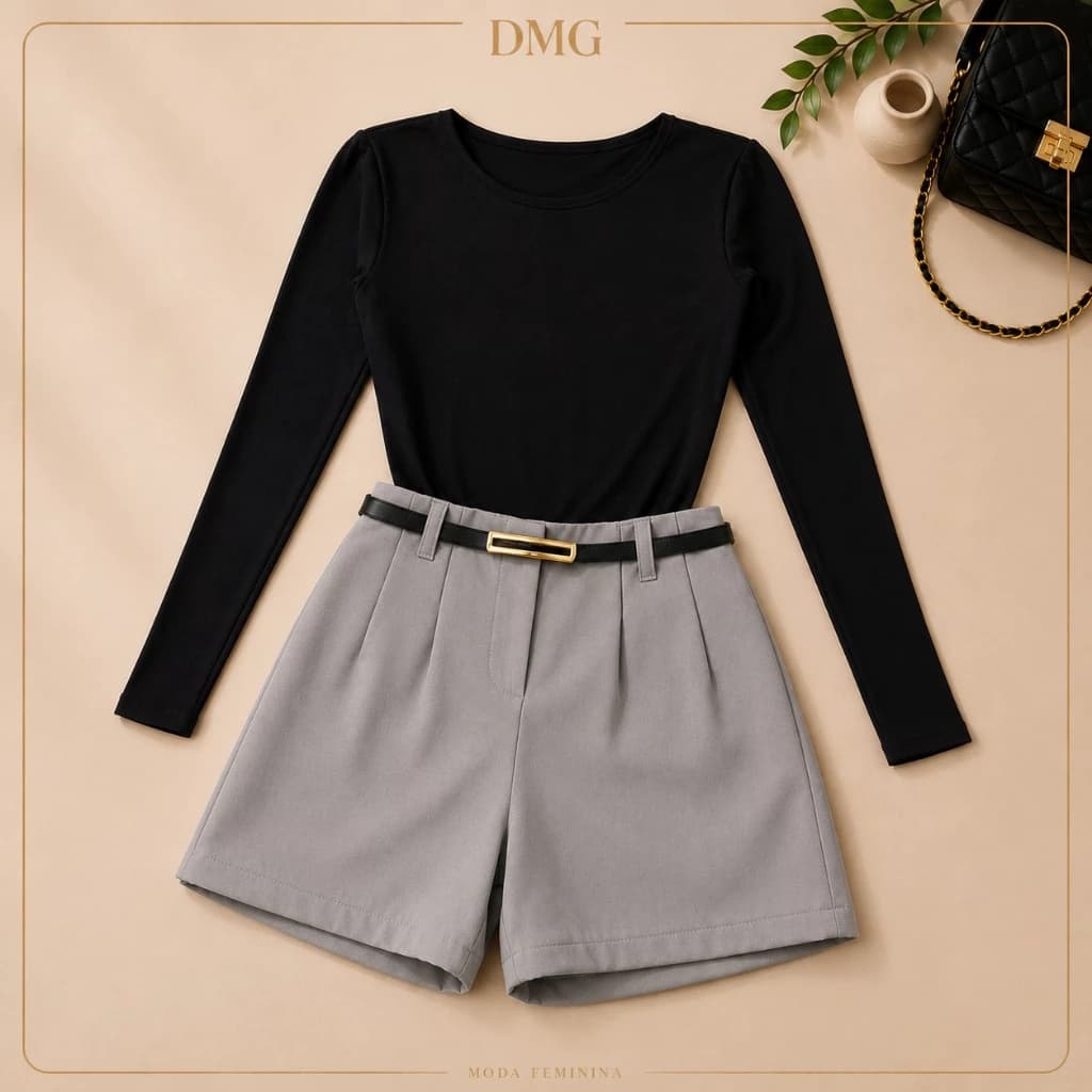 Conjunto  Body Manga Longa + Short Alfaiataria Com Cinto Moda Blogueira 2026