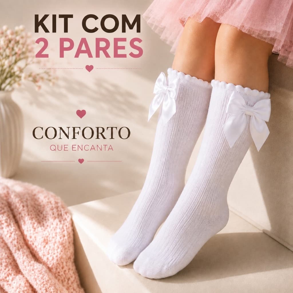 Kit 2 Pares Meias 3/4 Infantil Menina Festa com Laço Delicado Confortavel  7 a 12 anos