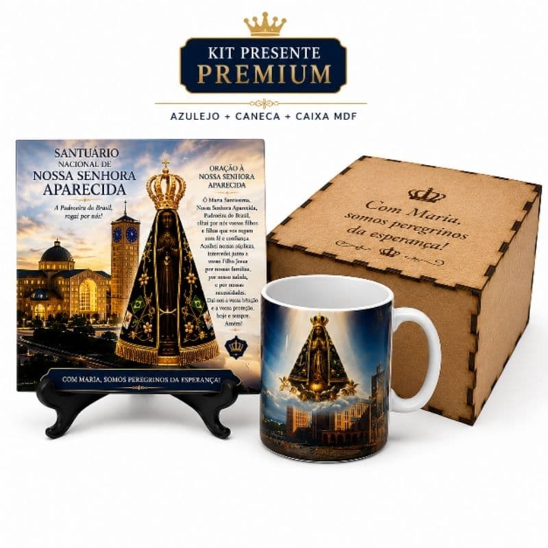 Kit Presente Nossa Senhora Aparecida Premium Azulejo com Oração + Caneca na Caixa de MDF