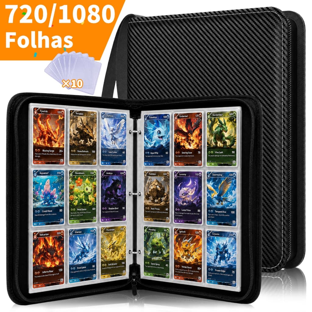 Fichário Pokémon Álbum para Cartas 540/720/1080 Bolsos Impermeável Preto +10 Protetores de Cartas