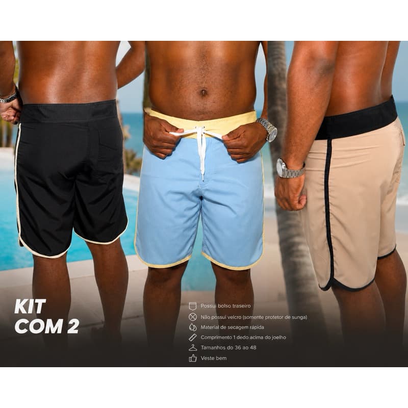 Kit 2 Bermuda Masculina Exercício Leve Tactel Short Praia Elastano Surf Casual Piscina