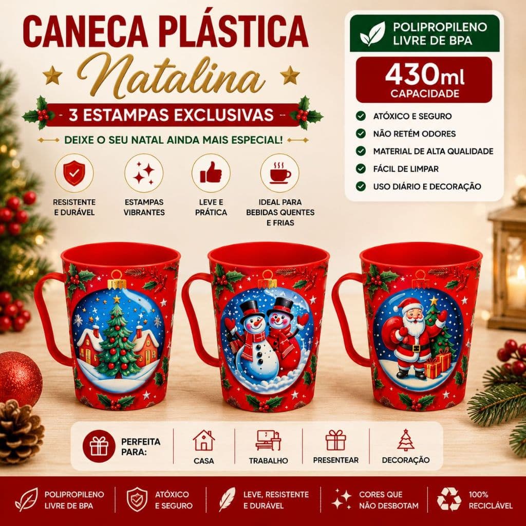 Kit Canecas Natalinas Decoradas 430ml Lembrança de Natal