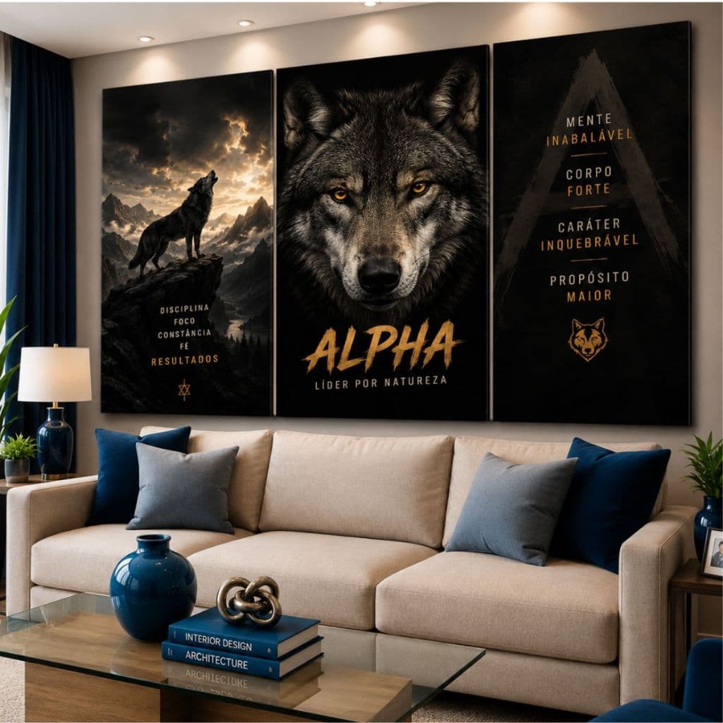 Quadro Decorativo 3 Peças Lobo Alpha Motivacional Masculino Canvas Premium Sala Quarto Escritório MDF