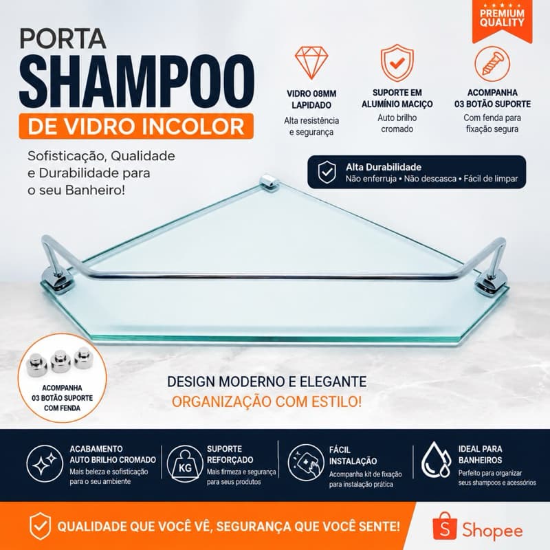 Porta Shampoo  Canto Vidro 8mm Lapidado, Suporte Alumínio Cromado, Alta Resistência, Banheiro Moderno Premium