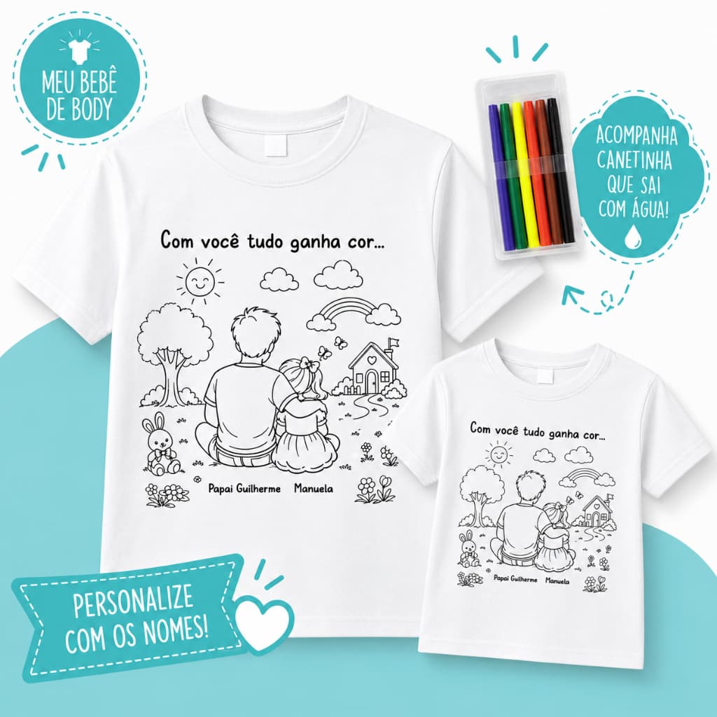 Kit Camisa Adulto + Camiseta Infantil para Colorir | Dia dos Pais | Personalizado com Nome | Acompanha Canetinhas Laváve