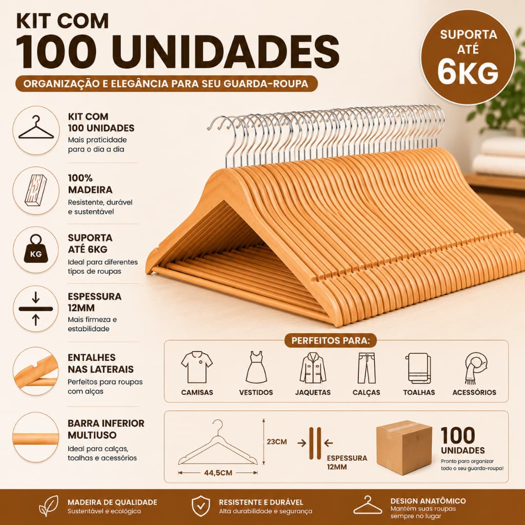 100 Cabides de Madeira Premium Reforçados Cabide Adulto Alta Resistência Alta Durabilidade
