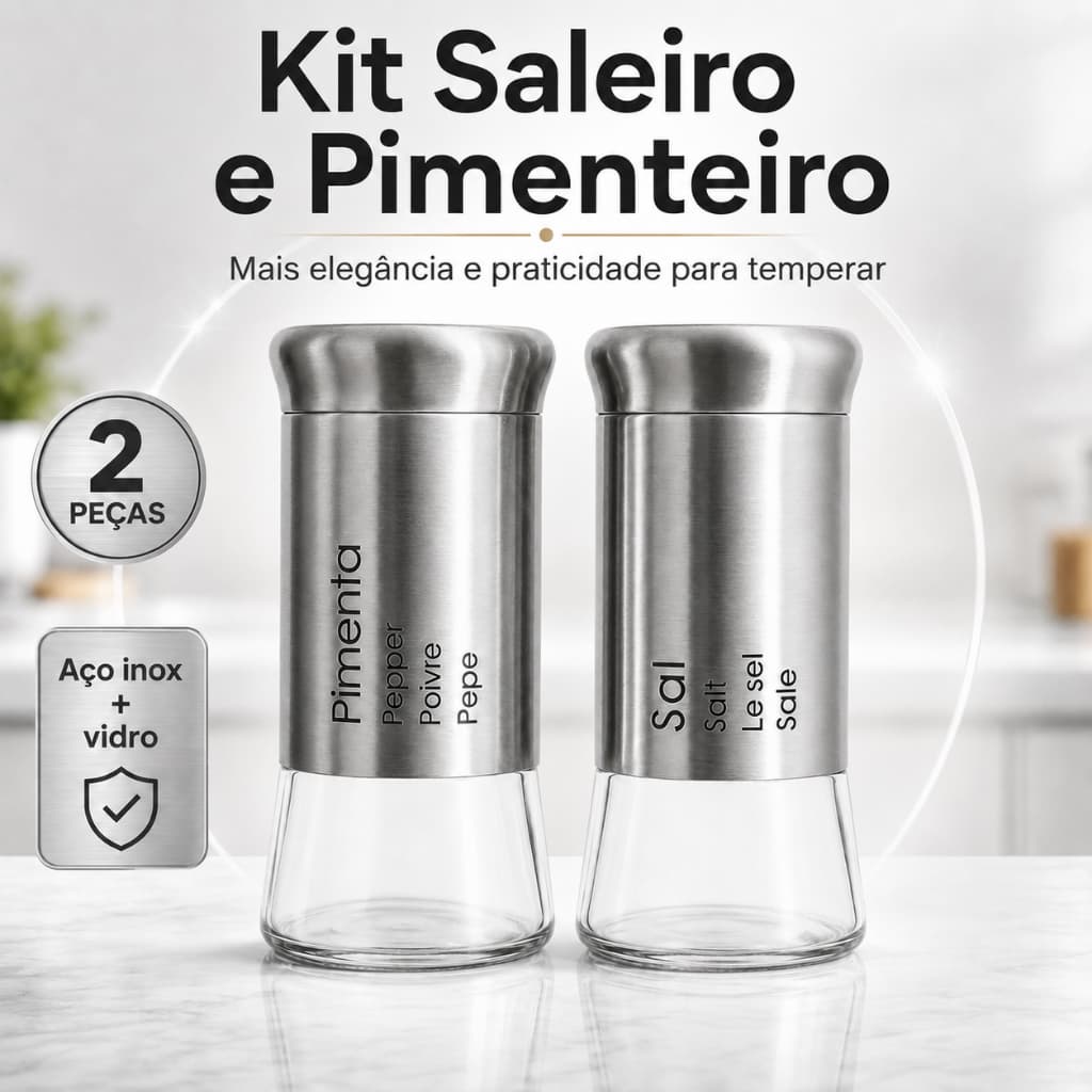 Saleiro e Pimenteiro em Inox e Vidro Kit Porta Condimentos Tempero Mesa Cozinha Restaurante