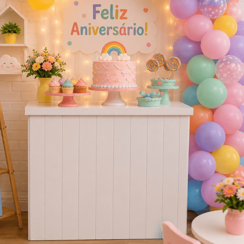 Mesa Fake MDF Desmontável 70cm Tipo Cômoda Ripada Mesa de Festa Decoração Bolo Cenário