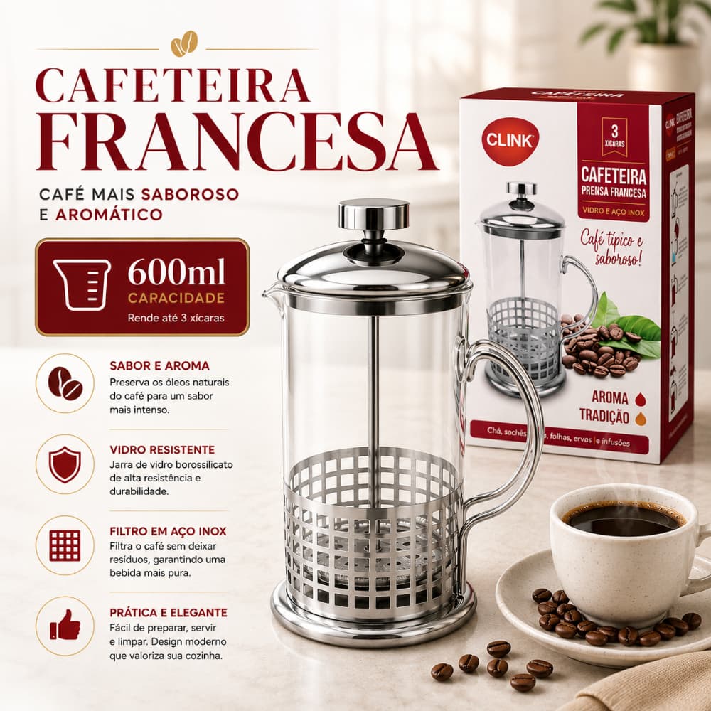 Cafeteira Prensa Francesa Em Vidro E Aço Inox Cremeira 600ml