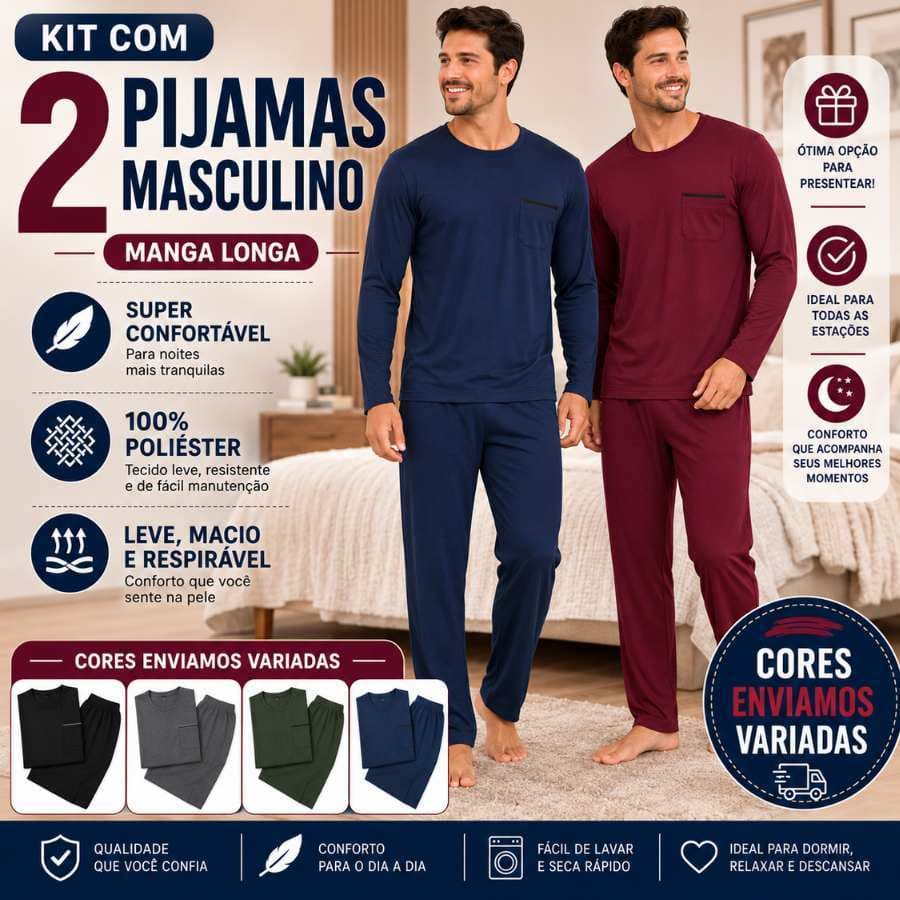 Kit com 2 Pijamas Masculino Manga Longa  Calça em Malha Confortavel Inverno moda masculina