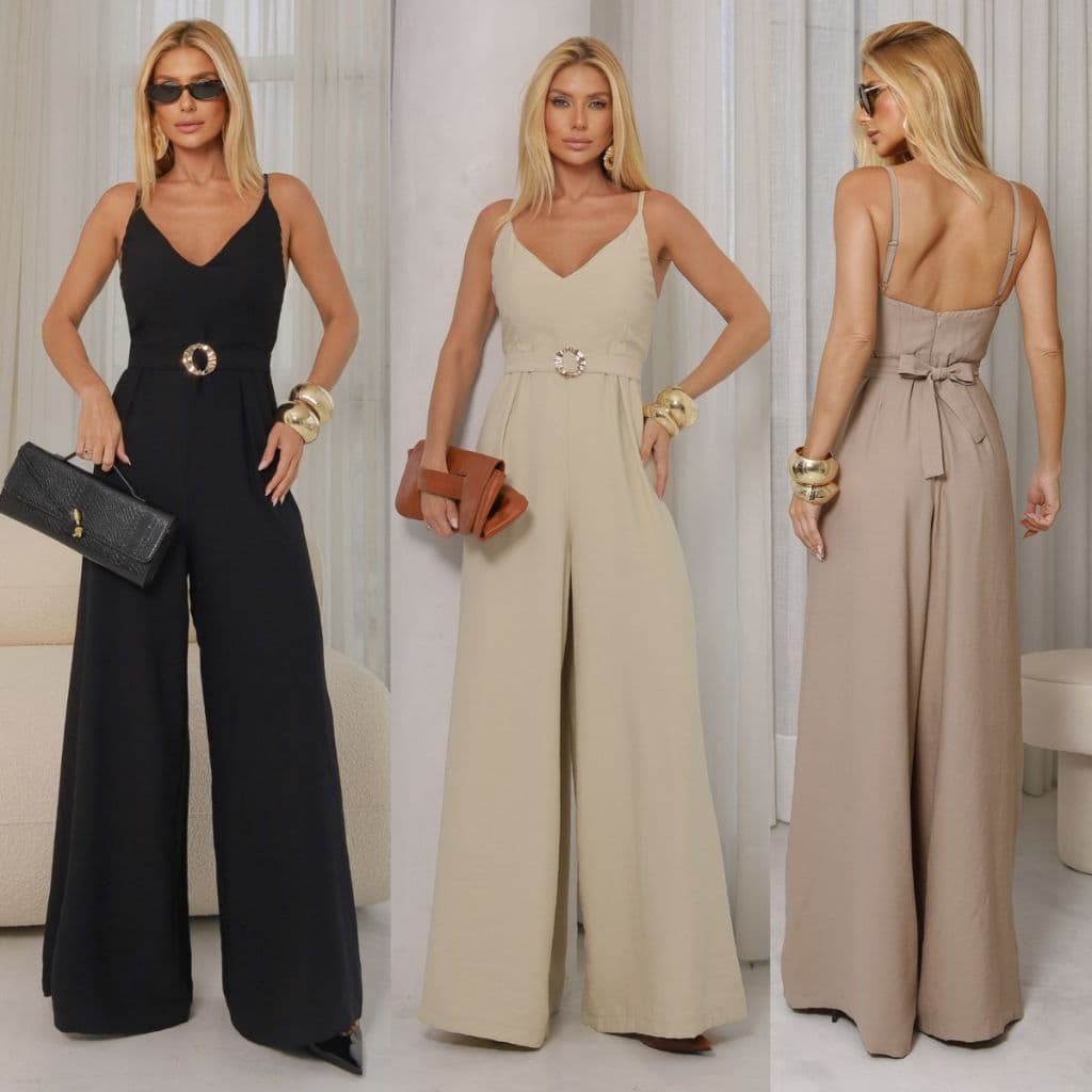 Macacão Feminino Longo Pantalona Alfaiataria Elegante com Bojo Alças reguláveis e Cinto com fivela