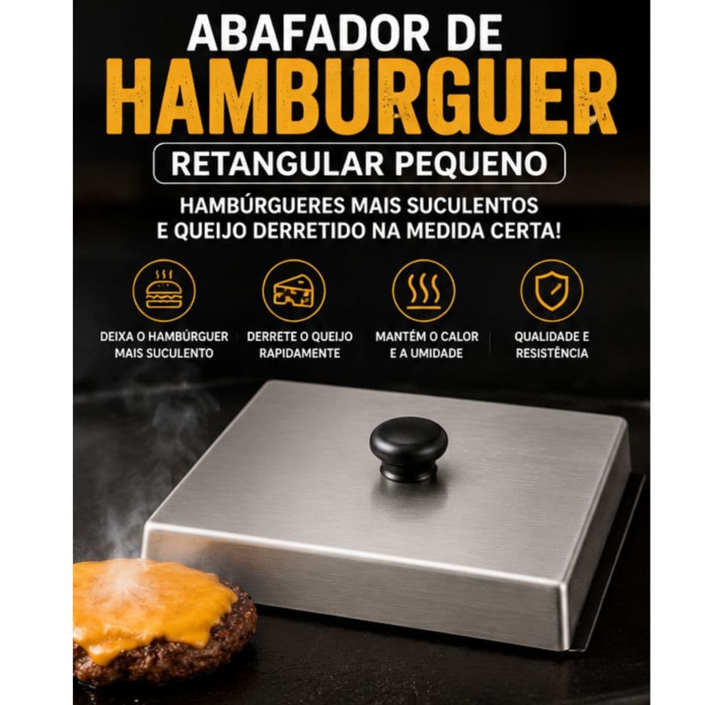 Abafador de Hambúrguer Retangular Pequeno Aço Inox 31x22cm Tampa para Chapa Lanche Grill