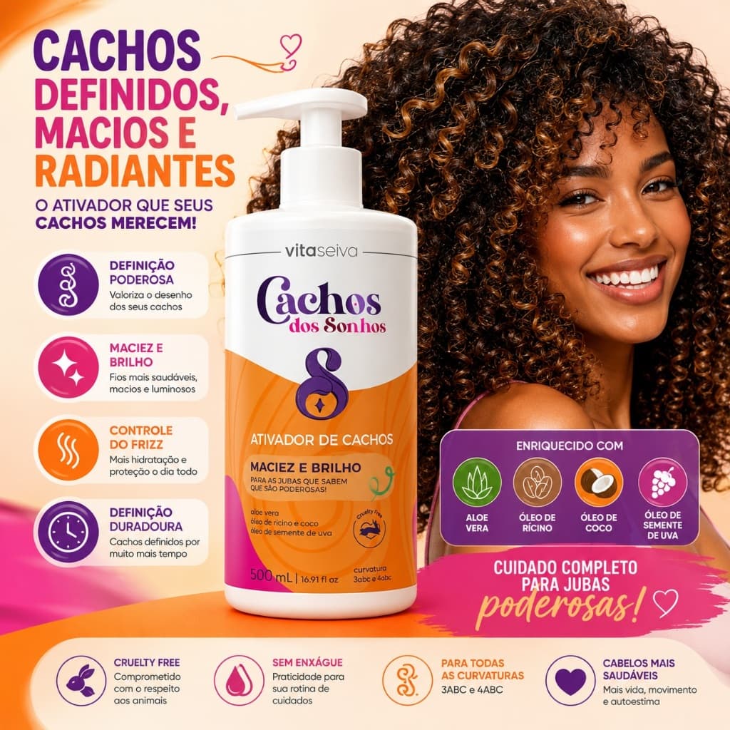Ativador de Cachos Vita Seiva 500ml Cachos dos Sonhos Definição e Antifrizz