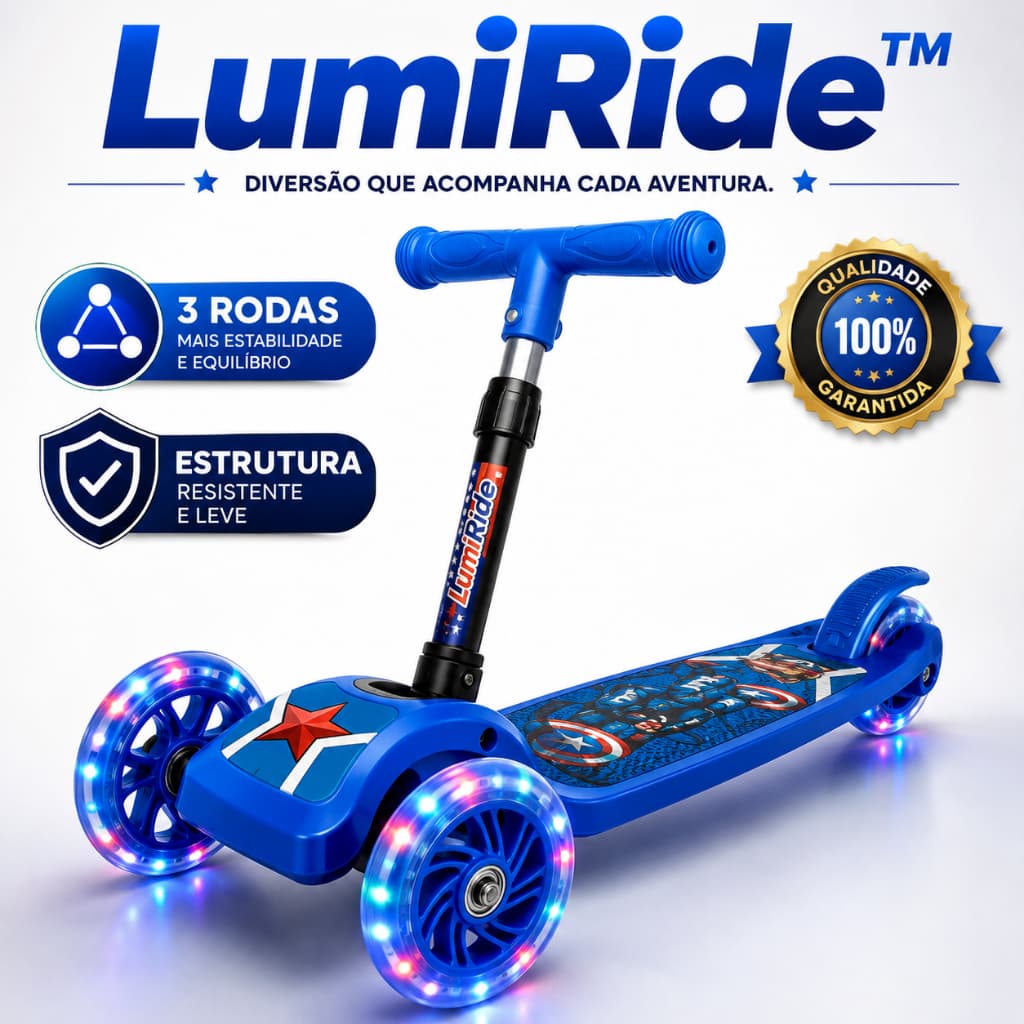 Patinete Infantil 3 Rodas Luz Led Azul Tema Capitão Resistência Segurança Diversão