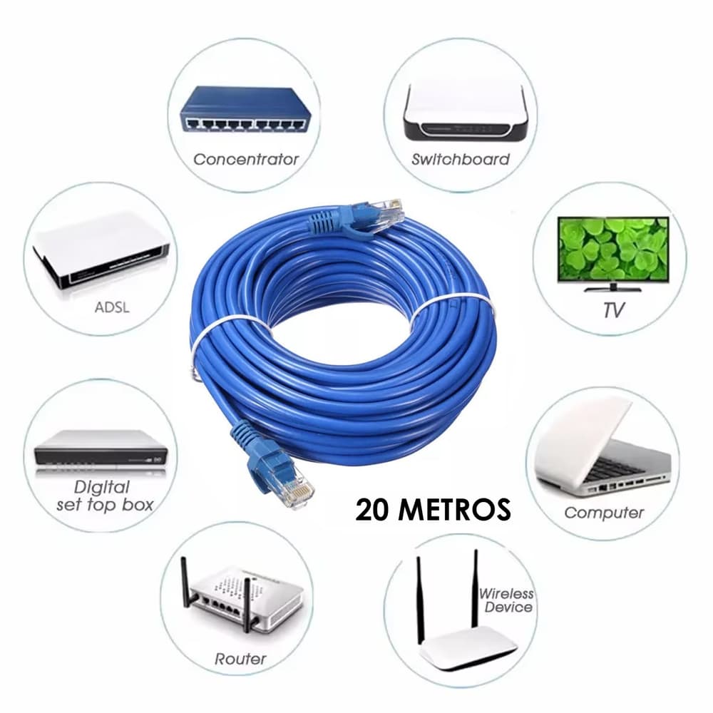 Cabo de Rede CAT5E 20M Azul - Alta Qualidade, Uso Interno, Conectores RJ45