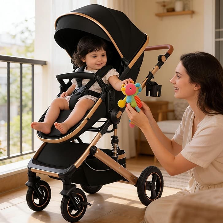 Carrinho De Bebê Europeu Luxo 3 em 1, Capota UV, Dobrável Compacto, Passeio Alça Reversível System Até 15 Kg -P7